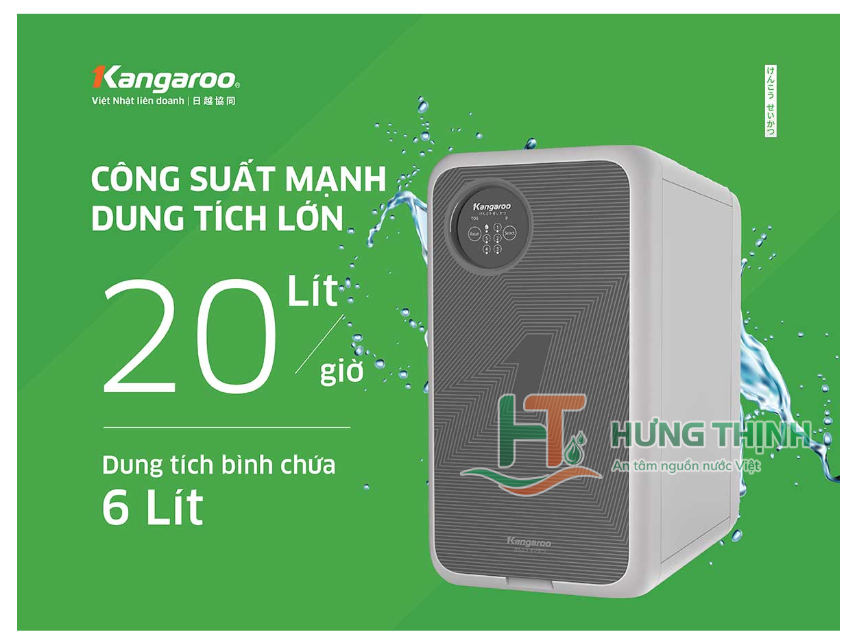 Máy lọc nước Kangaroo Hydrogen KG100US có công suất lọc 20l/h và dung tích bình chứa 6lít