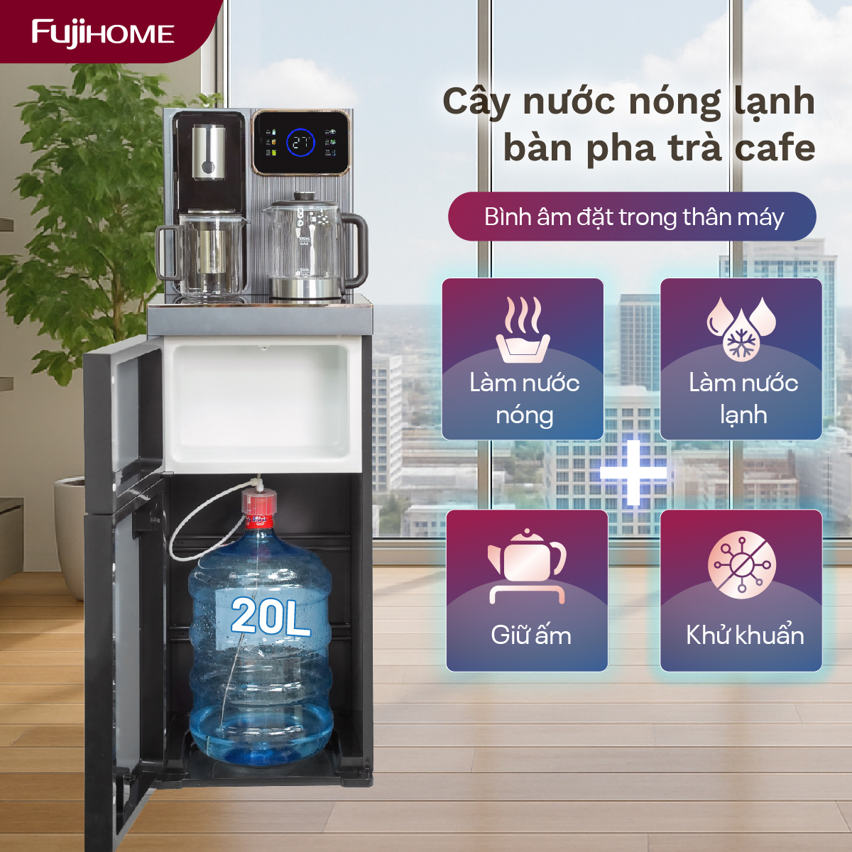 Cây nước nóng lạnh bàn trà có ngăn khử khuẩn UV Fujihome TB241UV