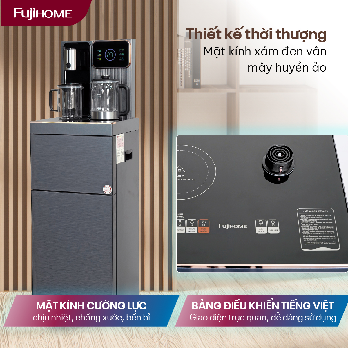 Cây nước nóng lạnh bàn trà có ngăn khử khuẩn UV Fujihome TB241UV