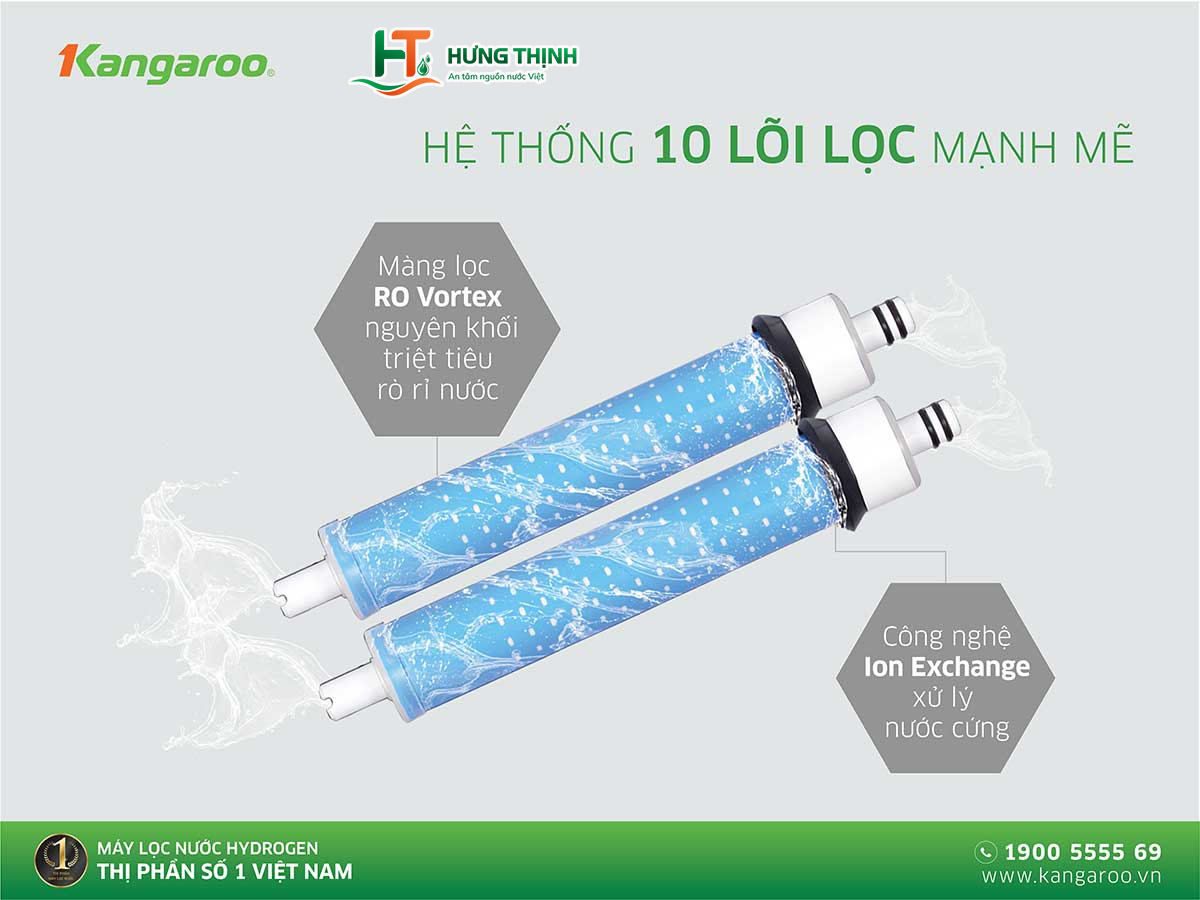 Máy lọc nước Kangaroo Hydrogen chân quỳ KGRP10 trang bị 10 lõi lọc mạnh mẽ