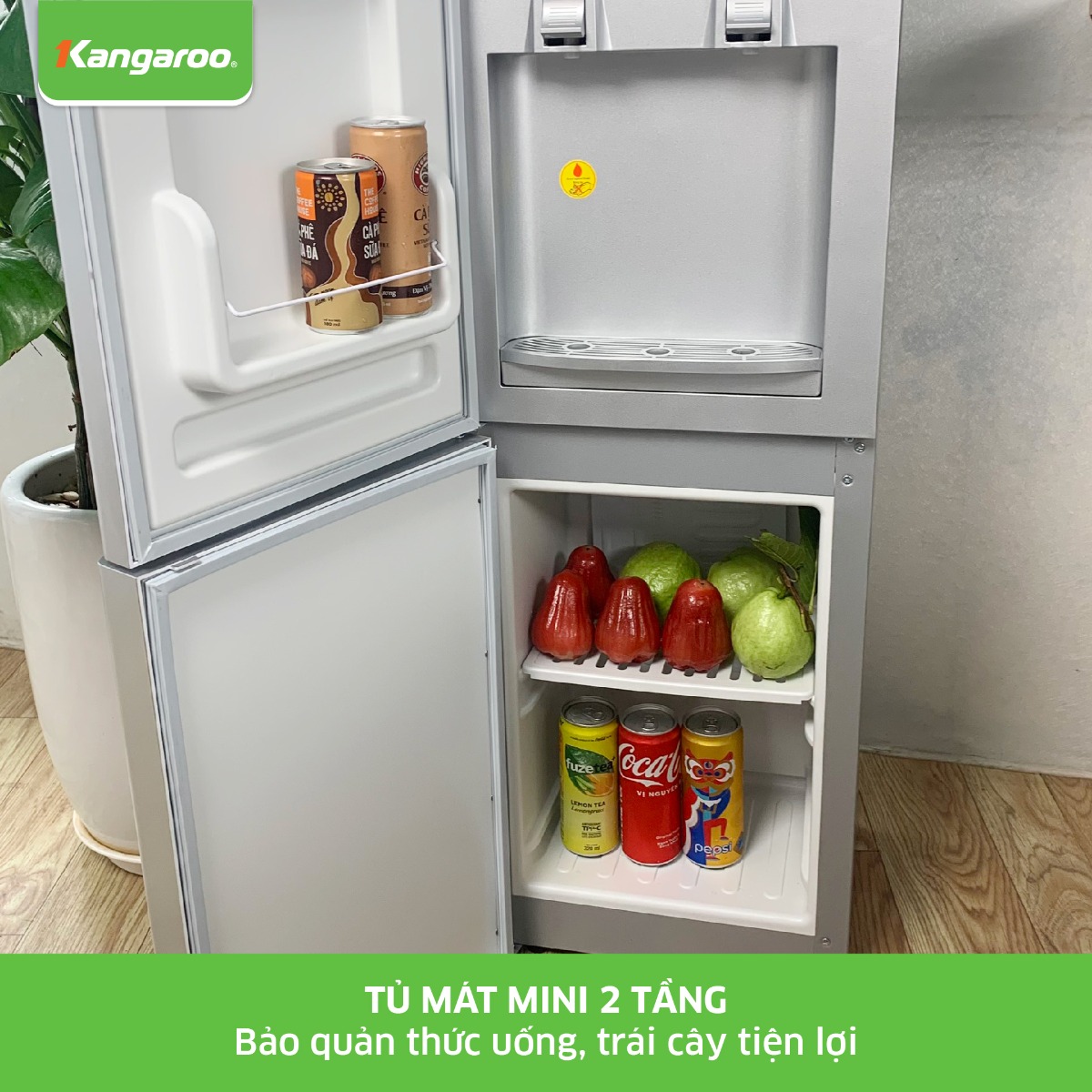 Cây nước nóng lạnh Kangaroo KG40N - Thiết kế khoang lạnh 2 ngăn bảo quản thức ăn, trái cây tiện lợi