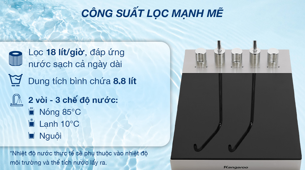 Máy lọc nước RO nóng nguội lạnh Hydrogen Kangaroo KG12A8 12 lõi - Công suất lọc mạnh mẽ 18l/h
