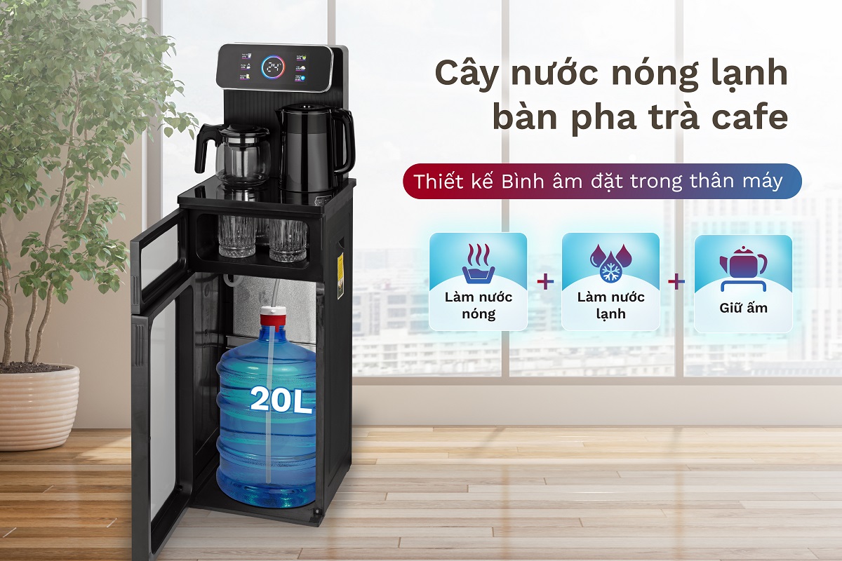 Thiết kế sang trọng mặt phía trước tông màu trắng sữa nổi vân bên ngoài mặt kính . Thân vỏ làm từ nhựa PP cao cấp kết hợp khung sườn bằng thép tạo độ chắc chắn an toàn khi sử dụng .Bảng điều khiển cảm ứng trên máy nhạy chỉ với một thao tác chạm . Thân máy nhỏ gọn , có ngăn chứa đồ tiện lợi như : hộp cafe, hộp trà .ly , cốc ...phù hợp với phòng tiếp khách, phòng họp, dùng cho văn phòng cũng như gia đình với kiểu dáng hoàn toàn mới, sang trọng, hiện đại, đảm bảo vệ sinh, thân thiện môi trường.