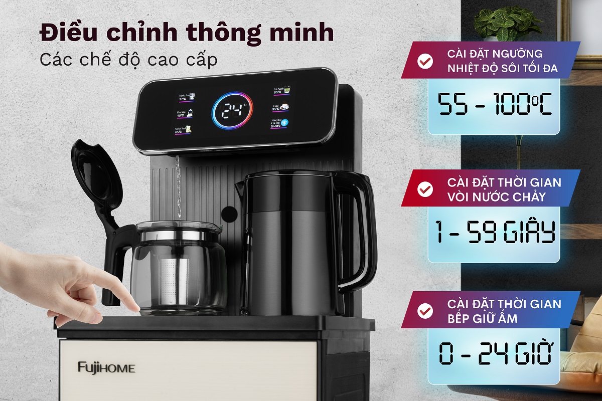 Thiết kế sang trọng mặt phía trước tông màu trắng sữa nổi vân bên ngoài mặt kính . Thân vỏ làm từ nhựa PP cao cấp kết hợp khung sườn bằng thép tạo độ chắc chắn an toàn khi sử dụng .Bảng điều khiển cảm ứng trên máy nhạy chỉ với một thao tác chạm . Thân máy nhỏ gọn , có ngăn chứa đồ tiện lợi như : hộp cafe, hộp trà .ly , cốc ...phù hợp với phòng tiếp khách, phòng họp, dùng cho văn phòng cũng như gia đình với kiểu dáng hoàn toàn mới, sang trọng, hiện đại, đảm bảo vệ sinh, thân thiện môi trường.