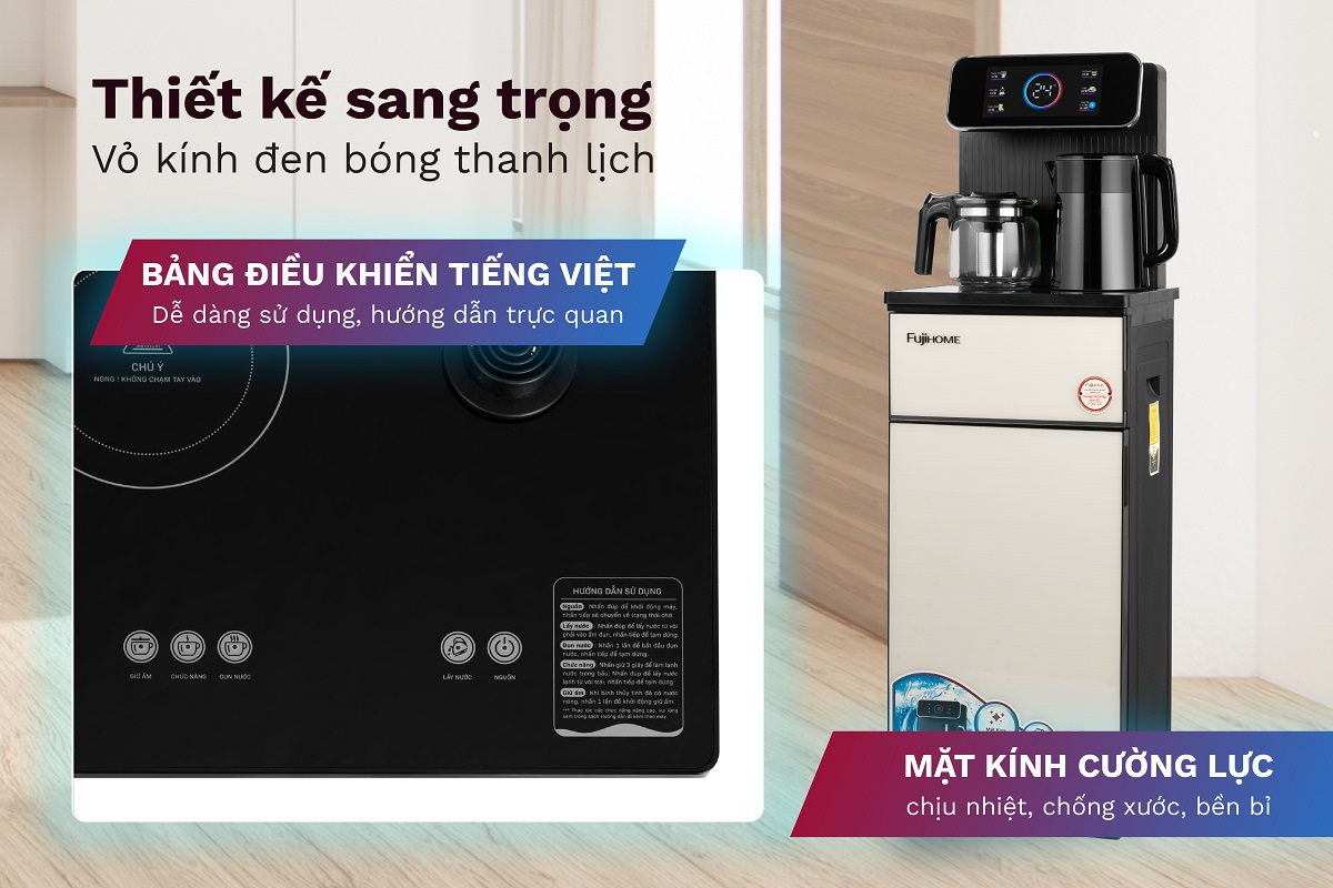 Thiết kế sang trọng mặt phía trước tông màu trắng sữa nổi vân bên ngoài mặt kính . Thân vỏ làm từ nhựa PP cao cấp kết hợp khung sườn bằng thép tạo độ chắc chắn an toàn khi sử dụng .Bảng điều khiển cảm ứng trên máy nhạy chỉ với một thao tác chạm . Thân máy nhỏ gọn , có ngăn chứa đồ tiện lợi như : hộp cafe, hộp trà .ly , cốc ...phù hợp với phòng tiếp khách, phòng họp, dùng cho văn phòng cũng như gia đình với kiểu dáng hoàn toàn mới, sang trọng, hiện đại, đảm bảo vệ sinh, thân thiện môi trường.