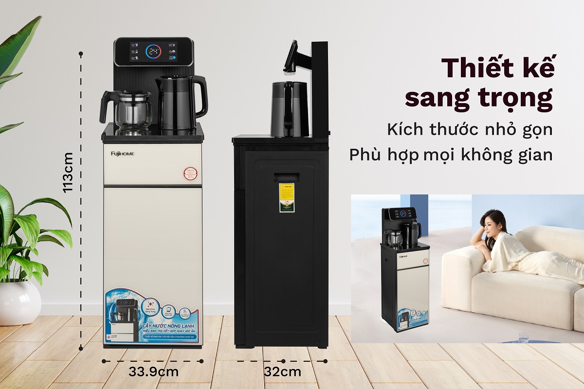 Thiết kế sang trọng mặt phía trước tông màu trắng sữa nổi vân bên ngoài mặt kính . Thân vỏ làm từ nhựa PP cao cấp kết hợp khung sườn bằng thép tạo độ chắc chắn an toàn khi sử dụng .Bảng điều khiển cảm ứng trên máy nhạy chỉ với một thao tác chạm . Thân máy nhỏ gọn , có ngăn chứa đồ tiện lợi như : hộp cafe, hộp trà .ly , cốc ...phù hợp với phòng tiếp khách, phòng họp, dùng cho văn phòng cũng như gia đình với kiểu dáng hoàn toàn mới, sang trọng, hiện đại, đảm bảo vệ sinh, thân thiện môi trường.