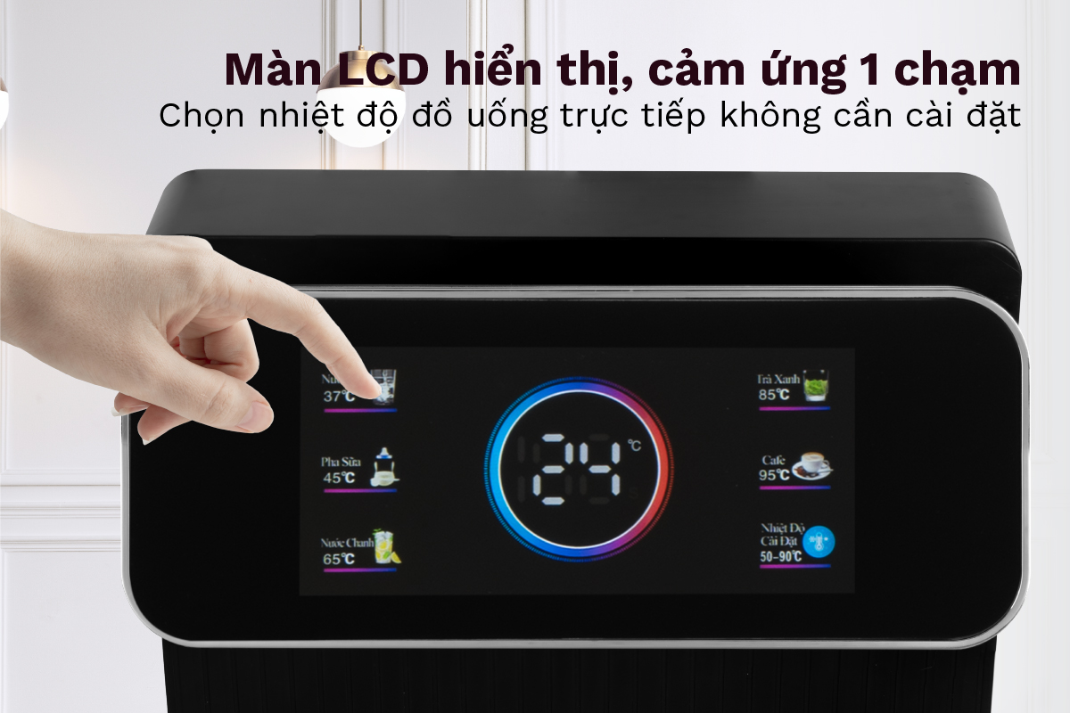 Thiết kế sang trọng mặt phía trước tông màu trắng sữa nổi vân bên ngoài mặt kính . Thân vỏ làm từ nhựa PP cao cấp kết hợp khung sườn bằng thép tạo độ chắc chắn an toàn khi sử dụng .Bảng điều khiển cảm ứng trên máy nhạy chỉ với một thao tác chạm . Thân máy nhỏ gọn , có ngăn chứa đồ tiện lợi như : hộp cafe, hộp trà .ly , cốc ...phù hợp với phòng tiếp khách, phòng họp, dùng cho văn phòng cũng như gia đình với kiểu dáng hoàn toàn mới, sang trọng, hiện đại, đảm bảo vệ sinh, thân thiện môi trường.