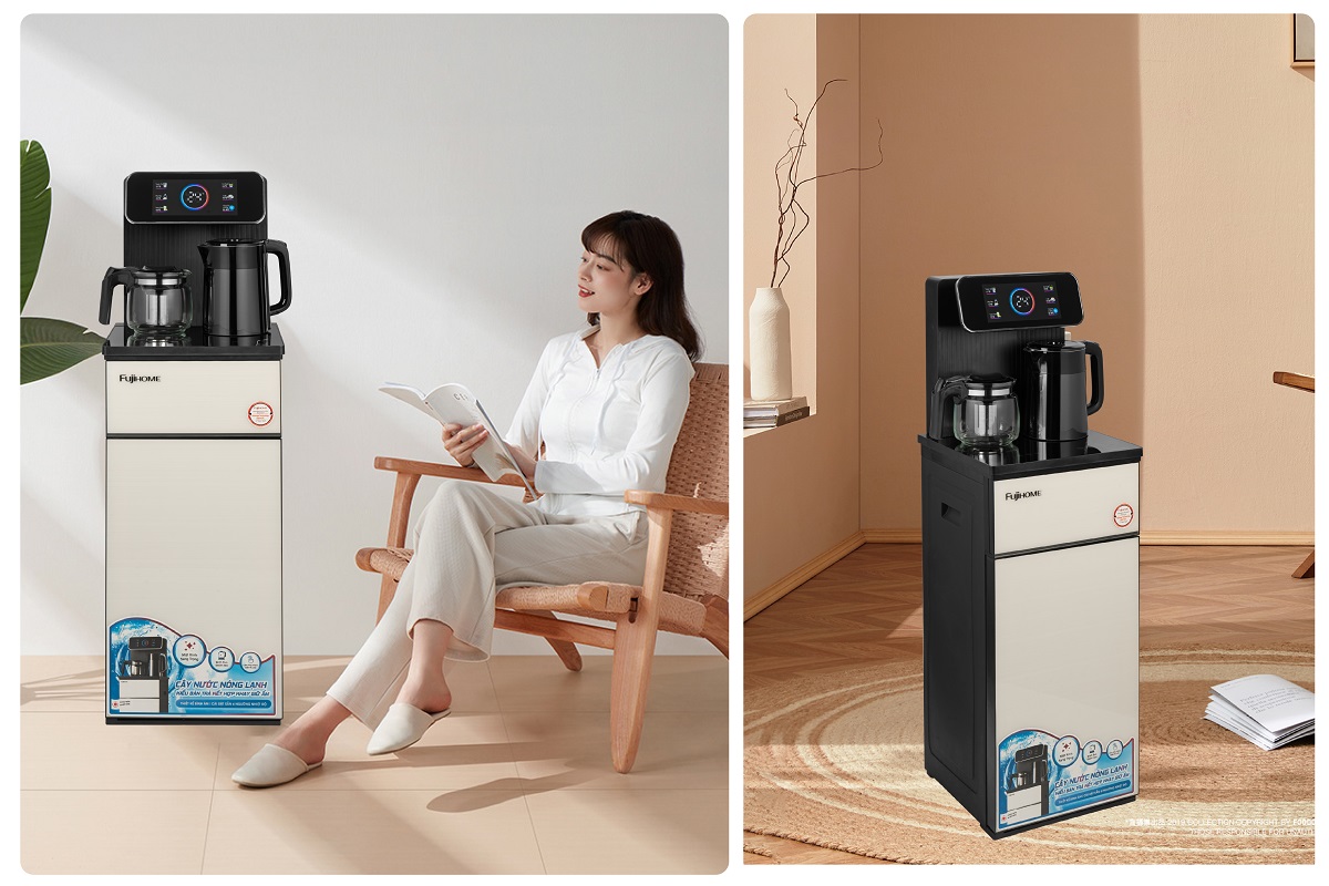 Thiết kế sang trọng mặt phía trước tông màu trắng sữa nổi vân bên ngoài mặt kính . Thân vỏ làm từ nhựa PP cao cấp kết hợp khung sườn bằng thép tạo độ chắc chắn an toàn khi sử dụng .Bảng điều khiển cảm ứng trên máy nhạy chỉ với một thao tác chạm . Thân máy nhỏ gọn , có ngăn chứa đồ tiện lợi như : hộp cafe, hộp trà .ly , cốc ...phù hợp với phòng tiếp khách, phòng họp, dùng cho văn phòng cũng như gia đình với kiểu dáng hoàn toàn mới, sang trọng, hiện đại, đảm bảo vệ sinh, thân thiện môi trường.